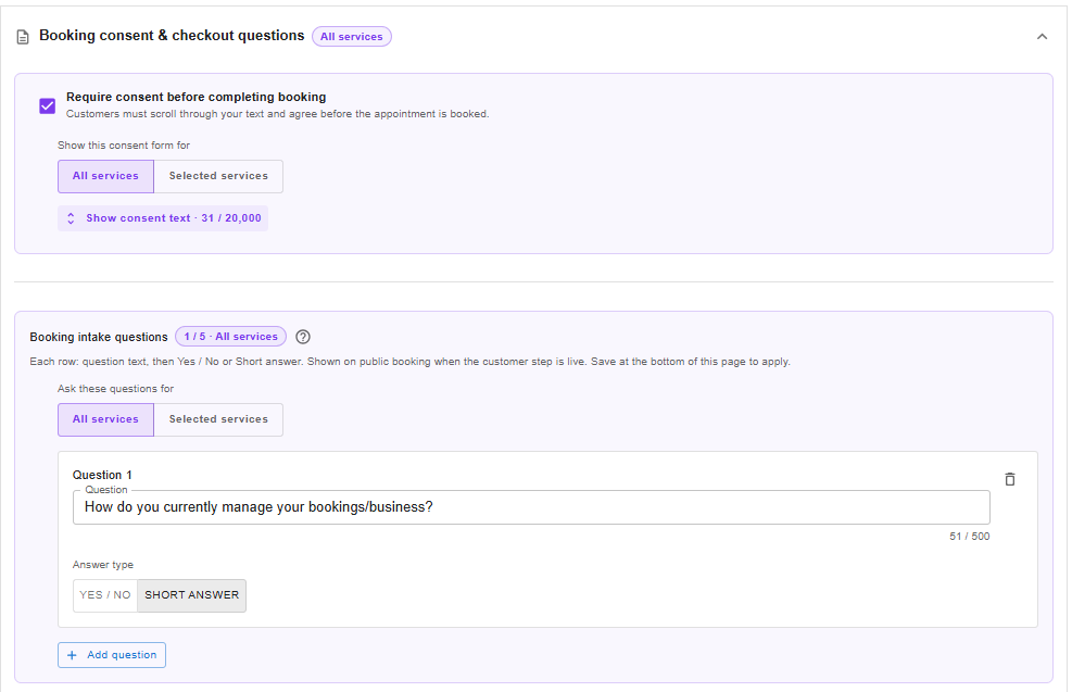 Booking consent and intake questions